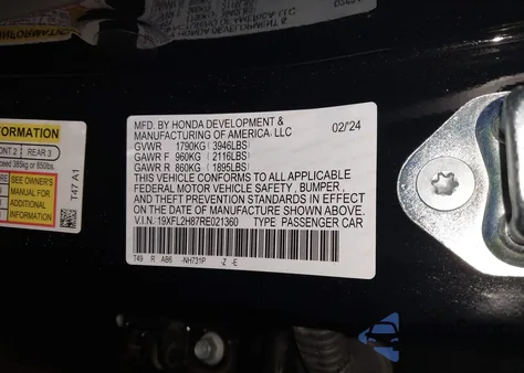 2024 Honda Civic Sport из США, поврежденный, VIN 19XFL2H87RE021360